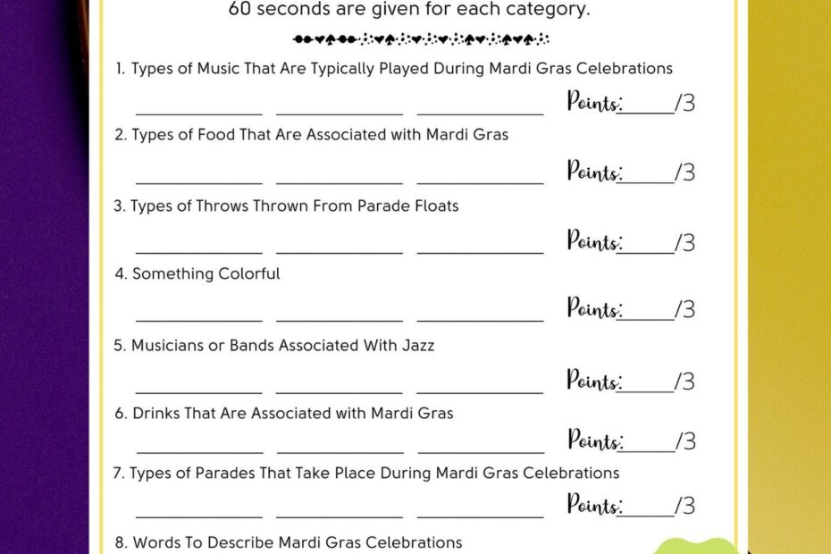Mardi Gras Think Fast Game Mardi Gras Printable Game For Kids Adults