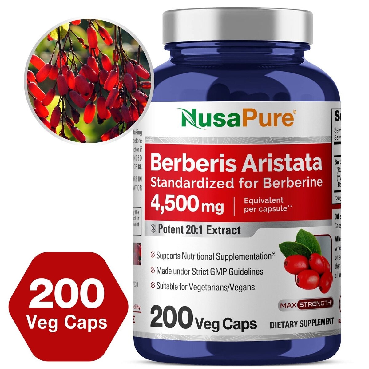 NusaPure Berberine HCI 4500 Mg 200 Veggie Caps 6 Months Supply