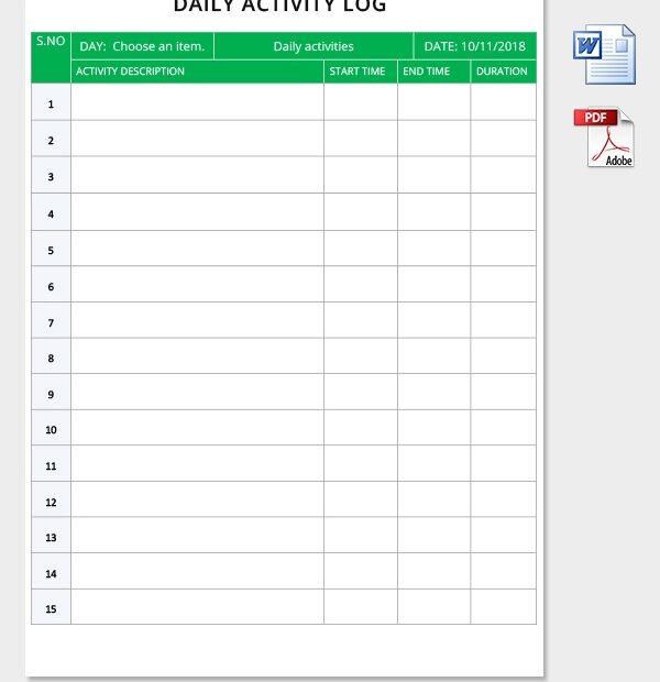 Printable Daily Activity Log Template