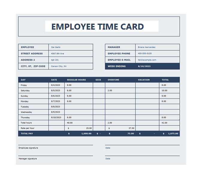 Printable Employee Time Card Template Free Excel Templates
