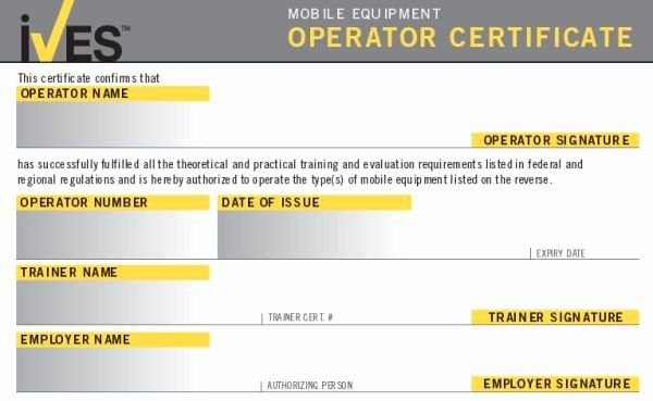 Printable Heavy Equipment Operator Certification Cards
