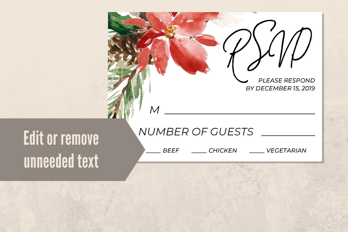 Printable Holiday RSVP Card Poinsettia Christmas RSVP Card Etsy