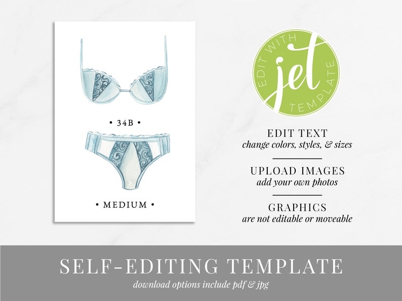 Printable Lingerie Sizes Card Template Bridal Shower Etsy