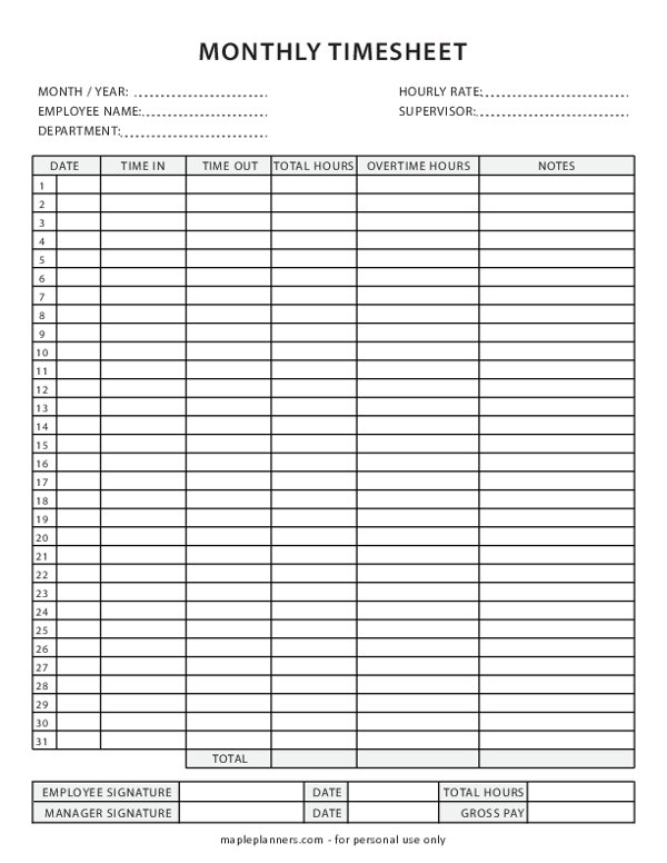Printable Monthly Timesheet Printable Free Templates
