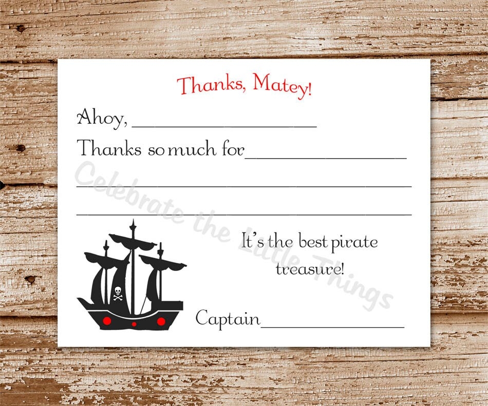 Printable Pirate Thank You Card Fill In By DIYCelebrateShoppe