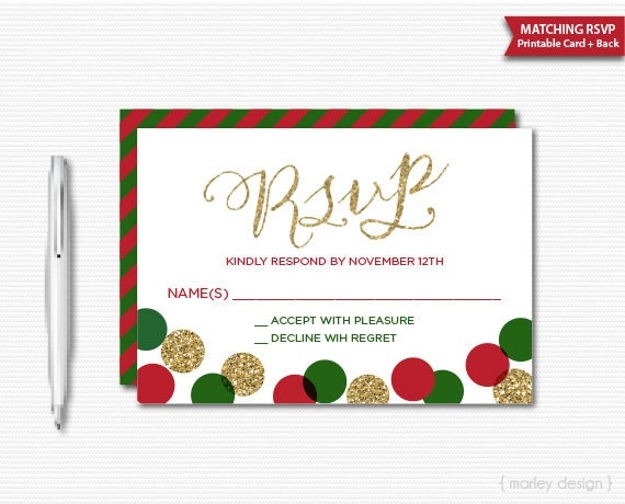 RSVP Card Printable Christmas RSVP Red Green Gold Glitter Printable 