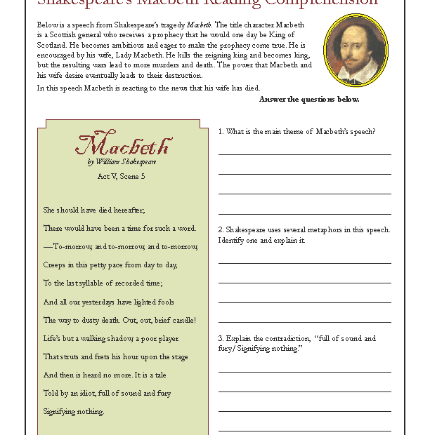 Shakespeare s Macbeth Reading Comprehension Worksheet