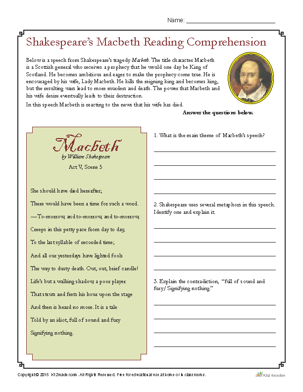 Shakespeare s Macbeth Reading Comprehension Worksheet