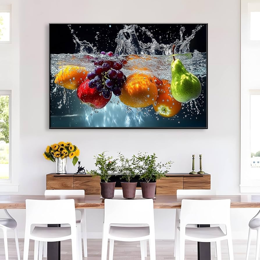 Splash Colorful Fruits In Water Wall Art Kitchen Dining Room Wall Decor Black Framed 36