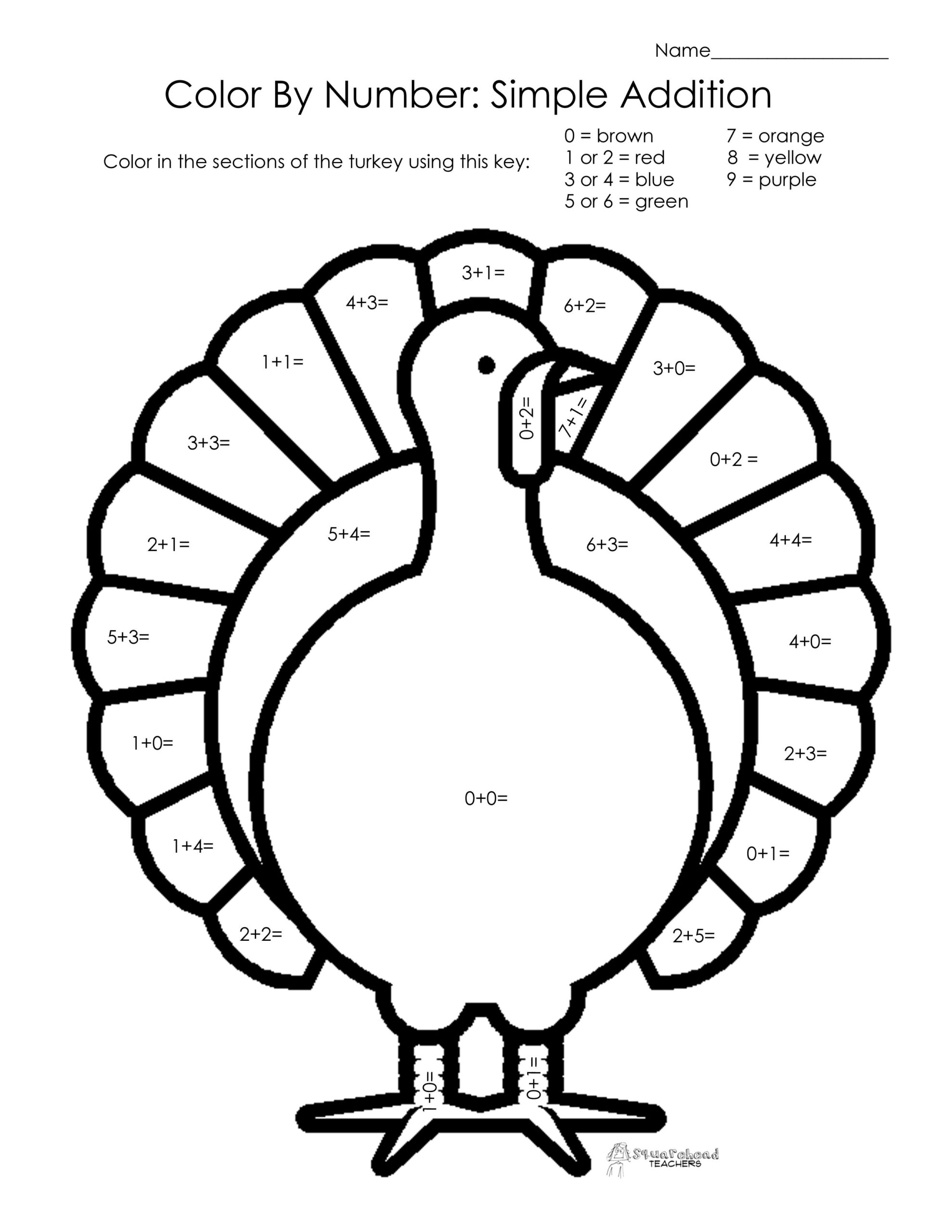Thanksgiving Color By Number Simple Addition Thanksgiving Math 