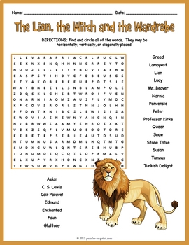 THE LION THE WITCH THE WARDROBE Word Search Worksheet Activity
