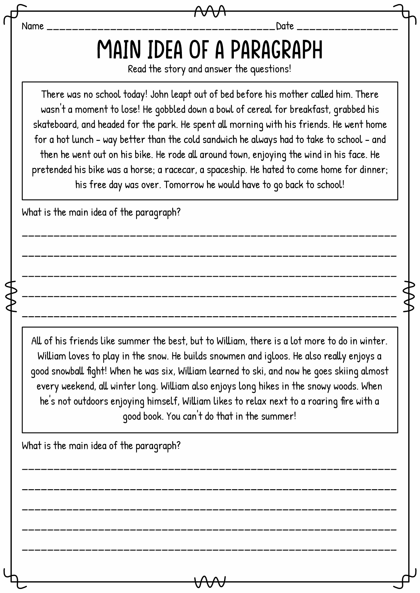 main idea activities 3rd grade printable