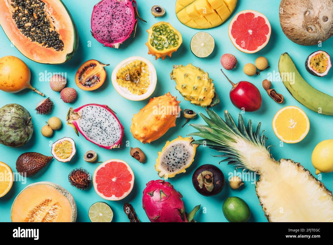 Tropical Fruits Concept Exotic Fruits Pineapple Papaya Mango Annona Banana Pitahaya Kiwano African Horned Melon Tamarillo Fruit Granadilla Stock Photo Alamy