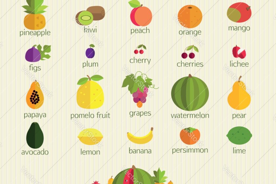 Variety Of Fruits With Names Royalty Free Vector Image