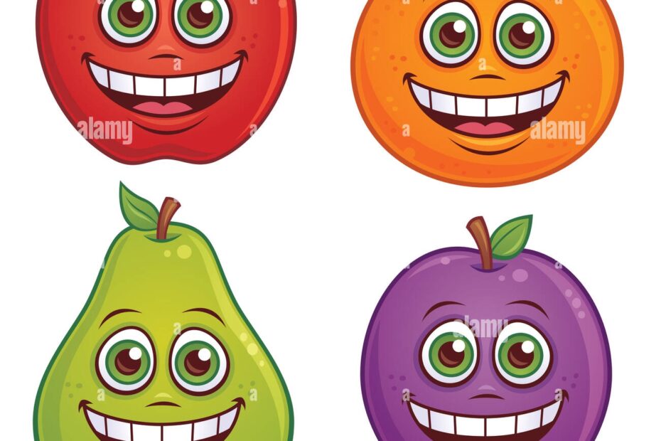 Vector Cartoon Illustration Of Fruit With Smiling Faces Apple Orange Pear And Plum Characters Included Stock Photo Alamy