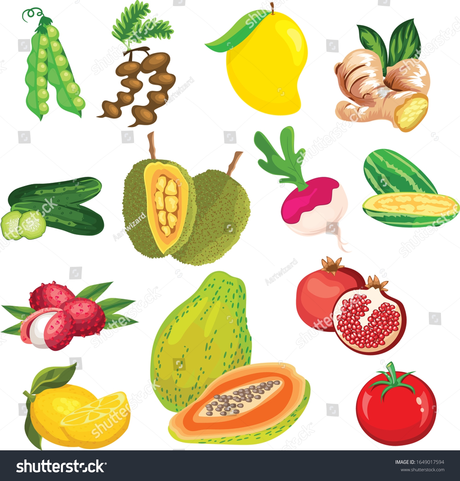 Vector Illustrations Different Kind Fruits Vegetables Stock Vector 