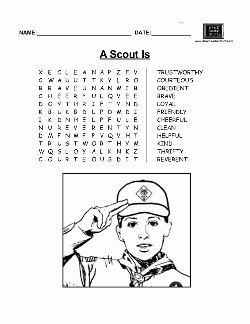 Word Search And Coloring Page For Scouts Boy Scout Activities Scout 