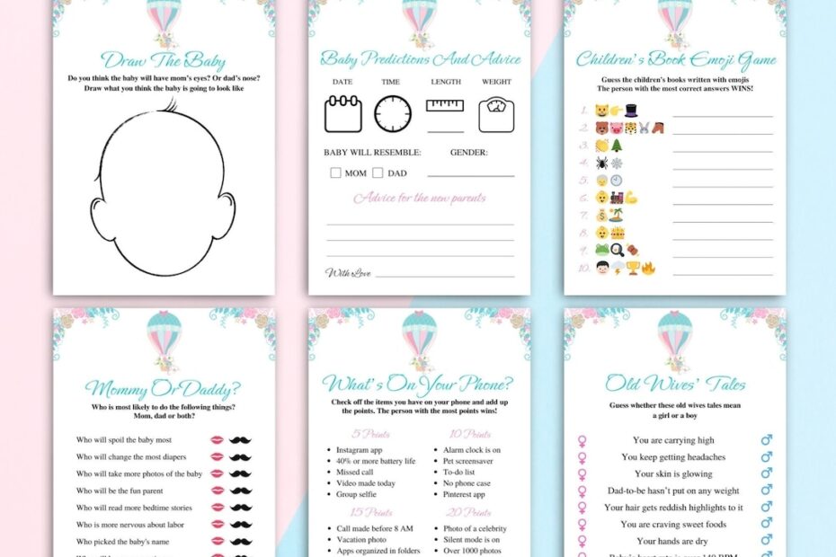 12 Printable Gender Reveal Games Pink And Blue Baby Gender Reveal Party Games Hot Air Balloon Gender Reveal Games For Family DOWNLOAD Etsy