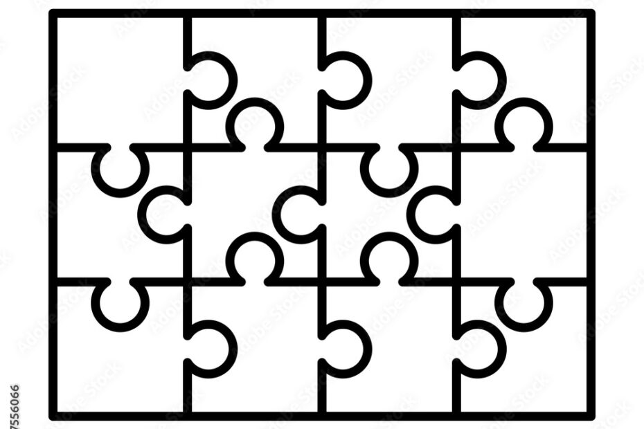 12 White Puzzles Pieces Arranged In A Rectangle Shape Jigsaw Puzzle Template Ready For Print Cutting Guidelines On White Stock Vector Adobe Stock