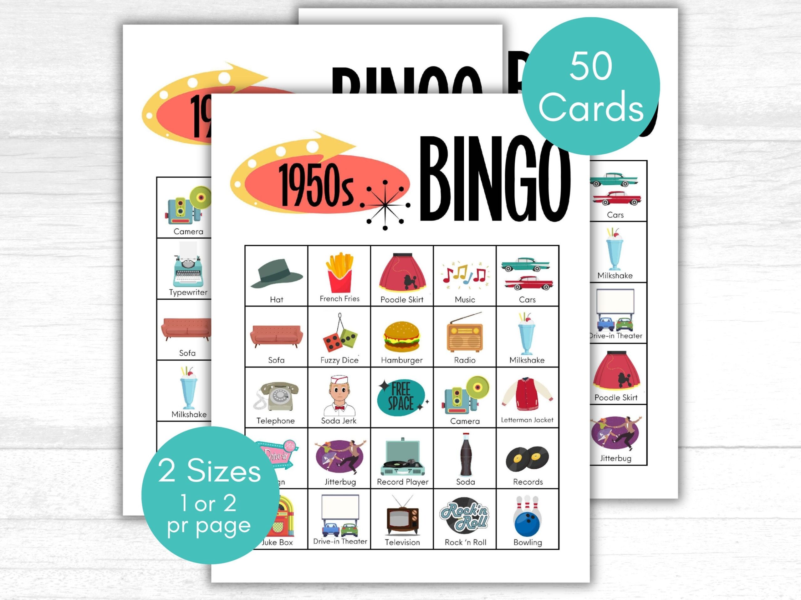 1950s Bingo 50s Bingo 50s Game 1950s Bingo Cards 50s Party 