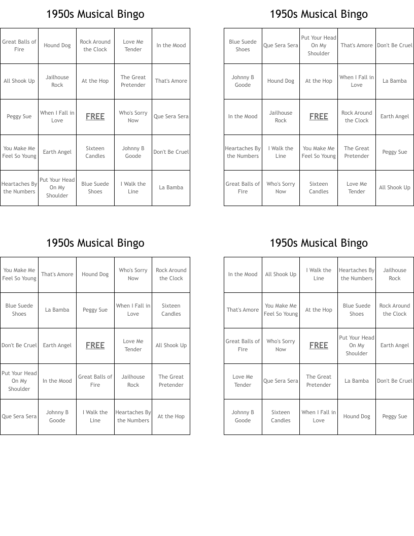 1950s Musical Bingo WordMint