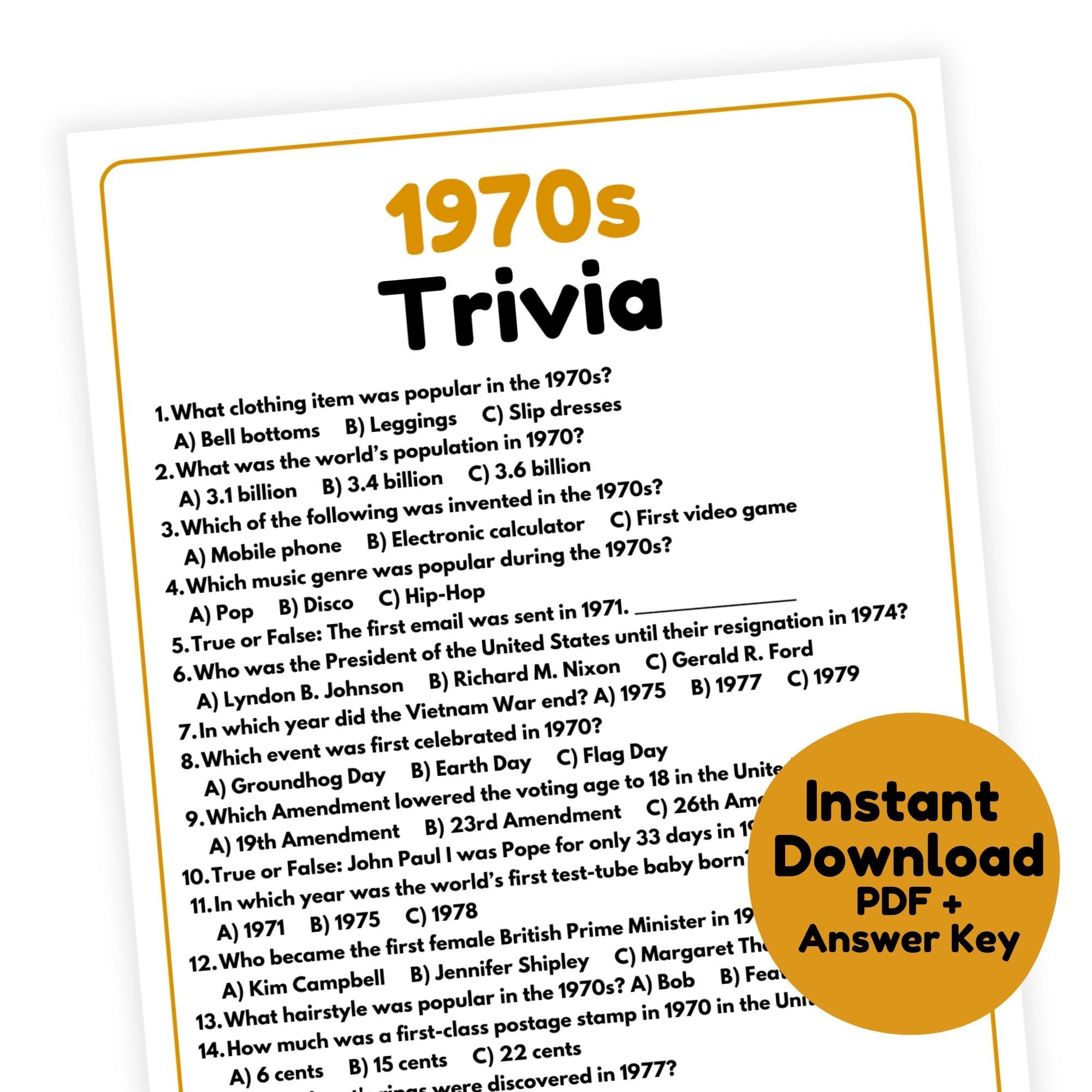 1970s Trivia Game 1970s Game Printable 1970s Party Game For Adults And Kids 70s Trivia Game 70s Party Game Decades Trivia Game