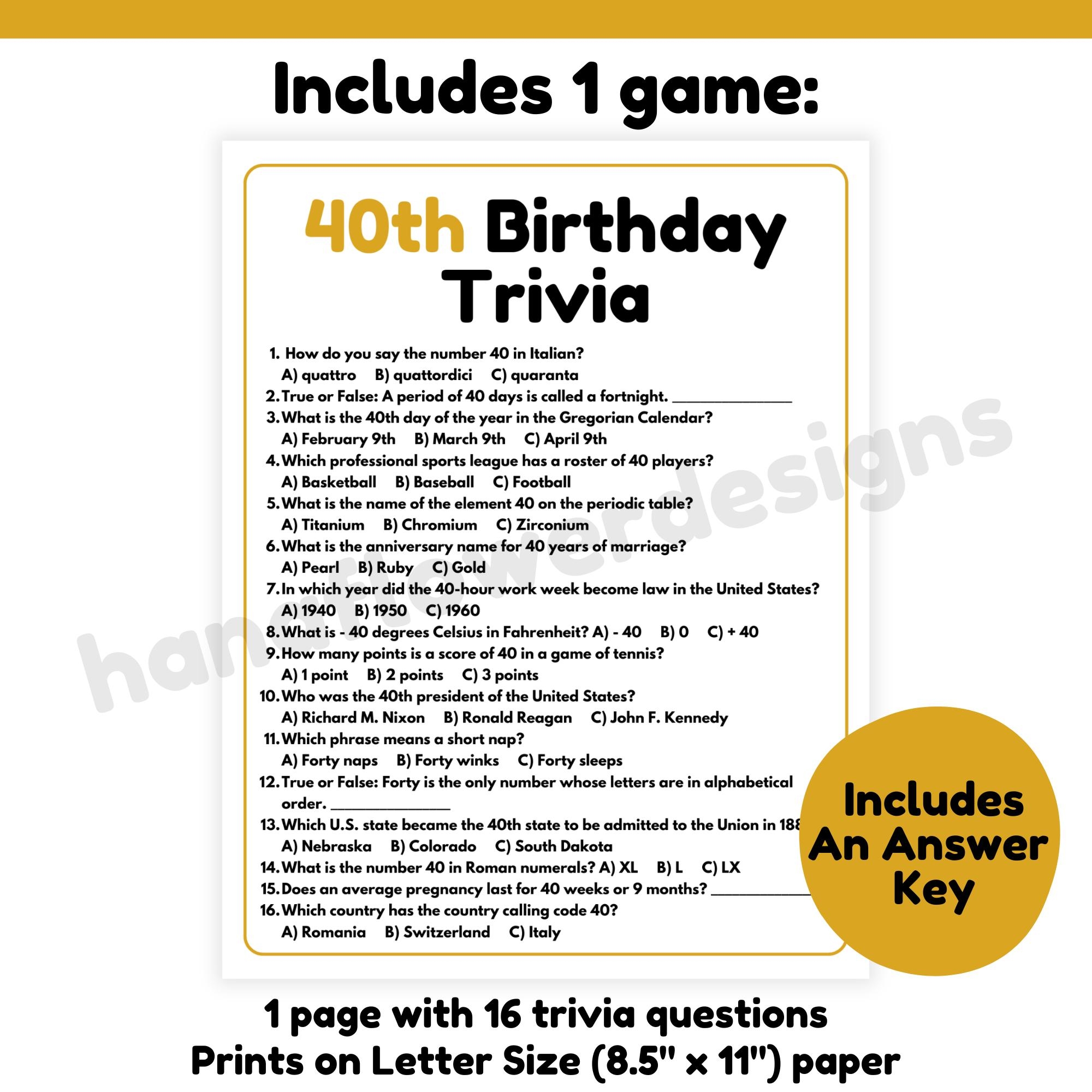 40th Birthday Trivia Game 40th Birthday Game Printable 40th 
