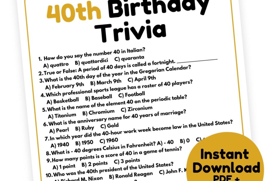 40th Birthday Trivia Game 40th Birthday Game Printable 40th