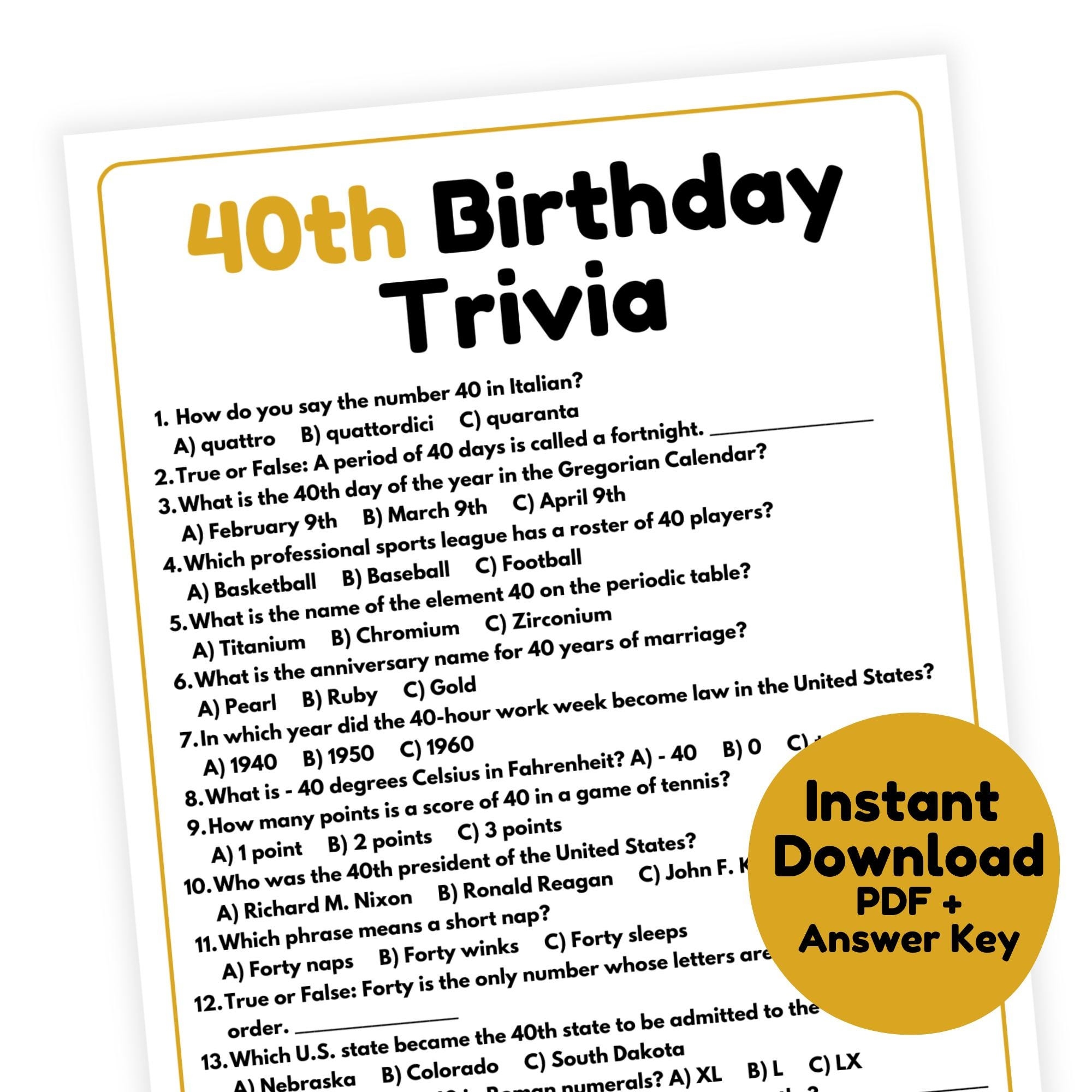 40th Birthday Trivia Game 40th Birthday Game Printable 40th 
