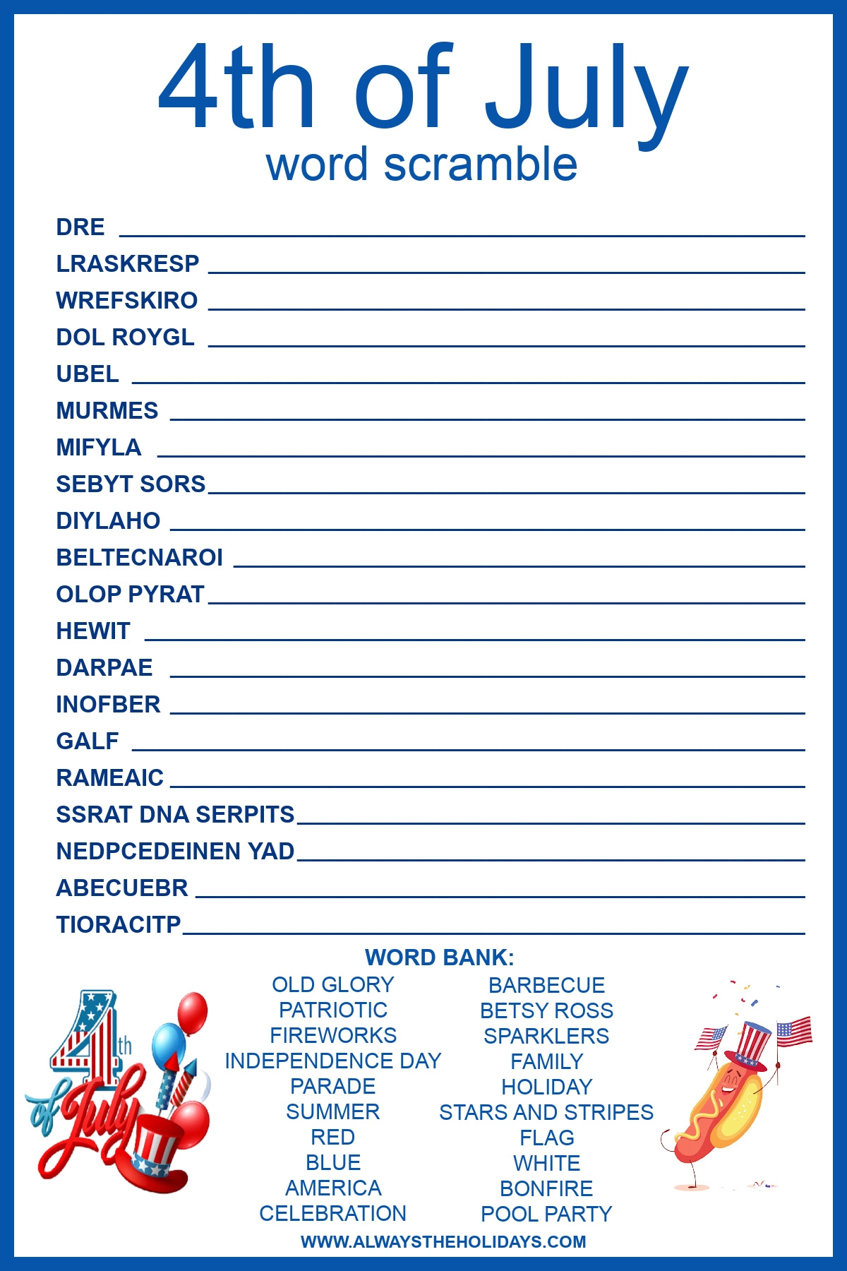 4th Of July Word Scramble With Answers Included Free Printable 