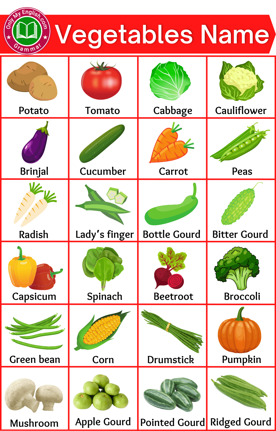 50 Vegetables Name In English A To Z Onlymyenglish