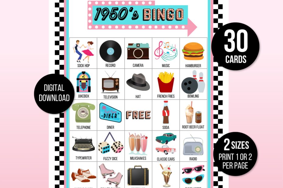 50s Bingo 1950s Bingo 30 Printable 1950s Bingo Cards 50s Game