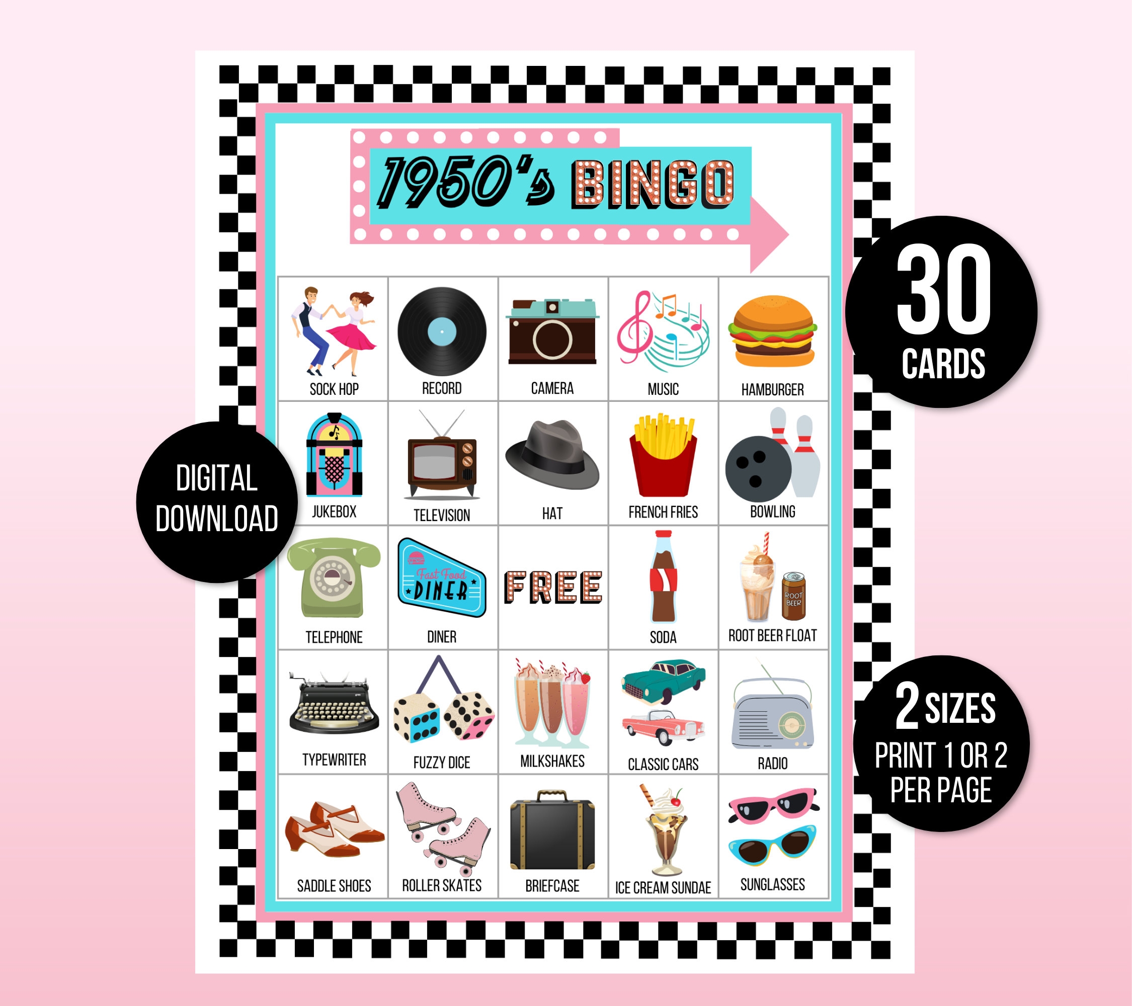 50s Bingo 1950s Bingo 30 Printable 1950s Bingo Cards 50s Game 