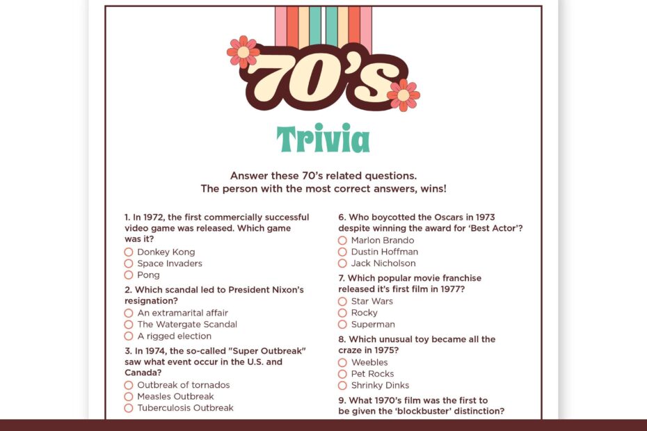 70 s Trivia Game Printable Quiz With Answers For A 70 s Theme