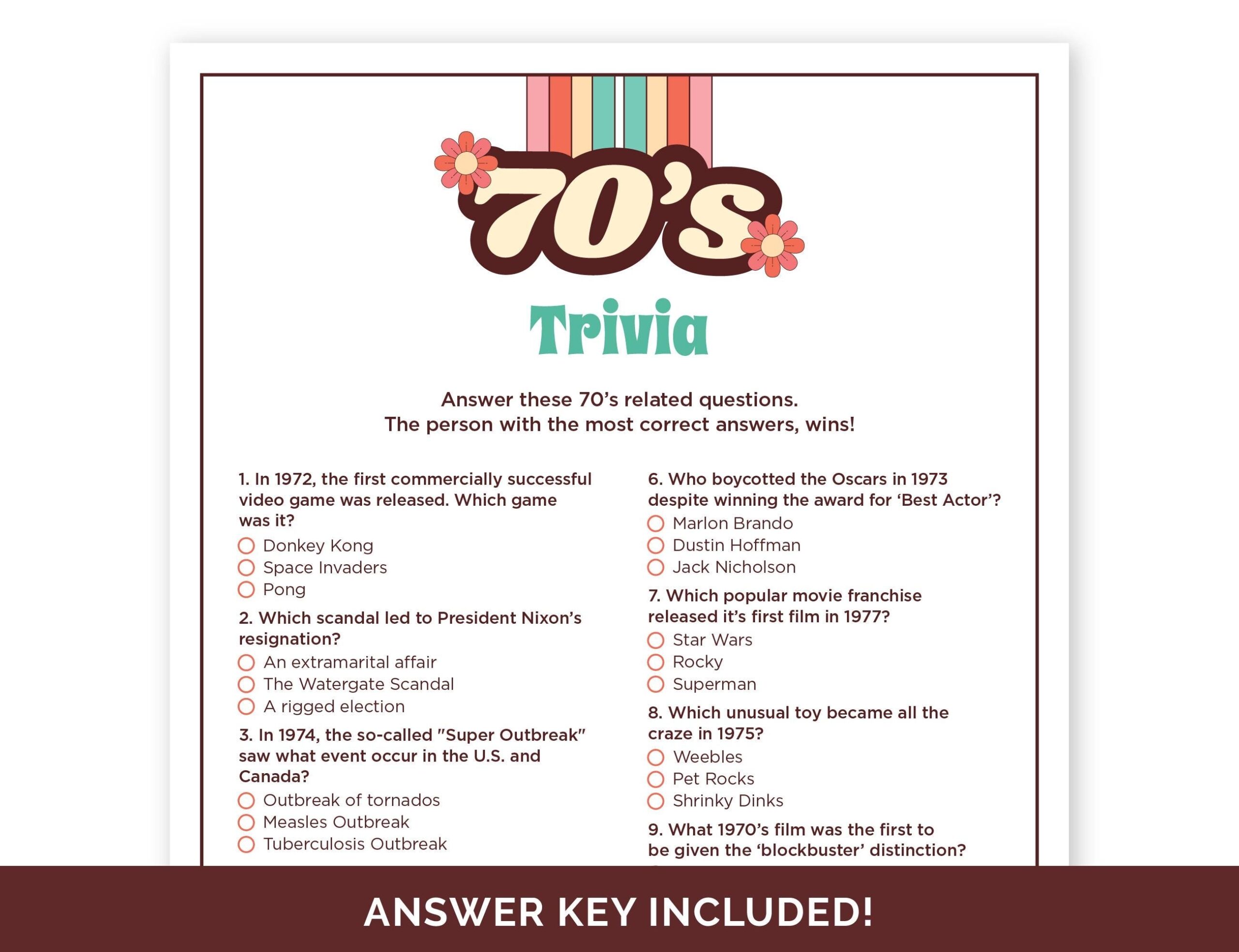 70 s Trivia Game Printable Quiz With Answers For A 70 s Theme 