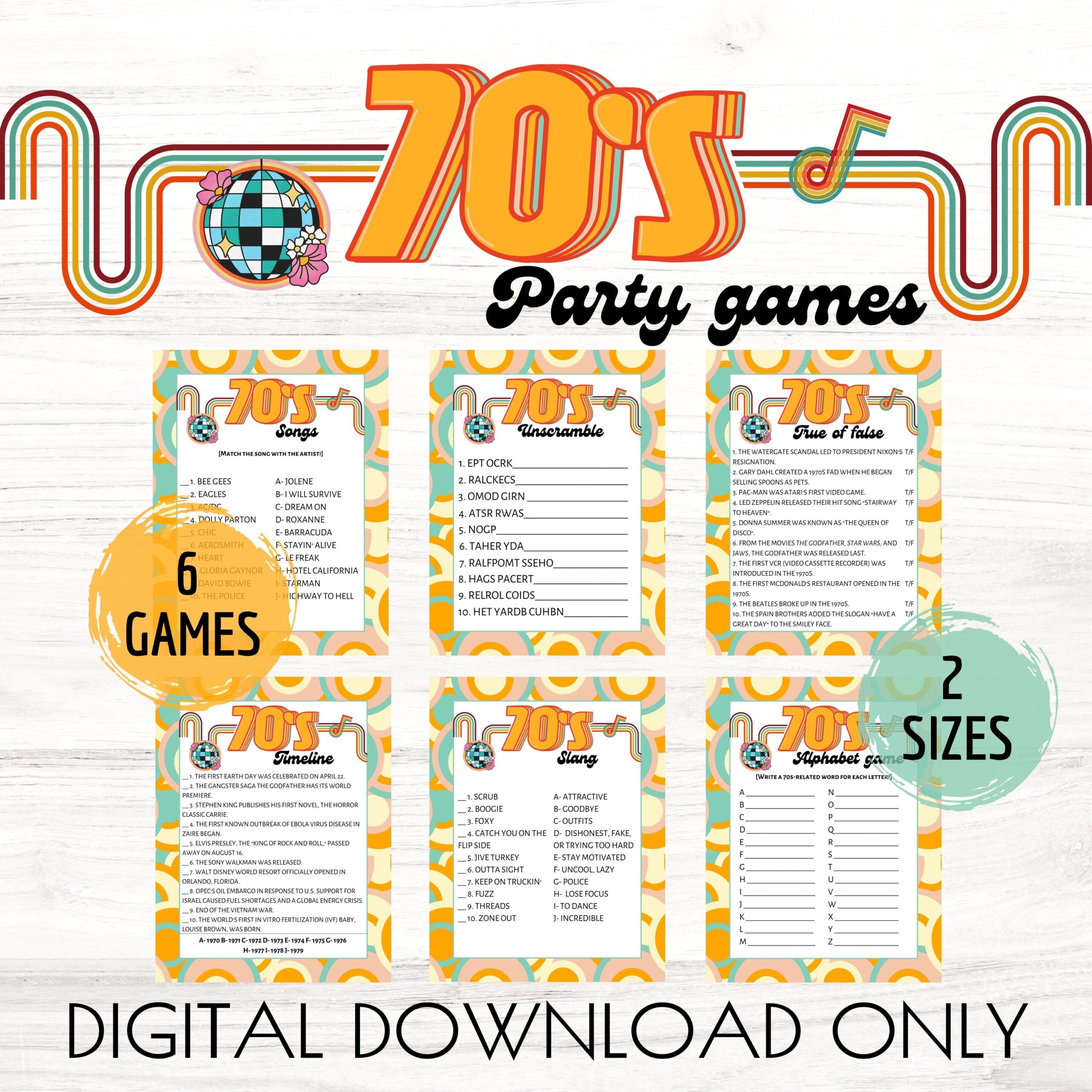 70s Theme Party Games Bundle Printable 70s Disco Birthday Party 