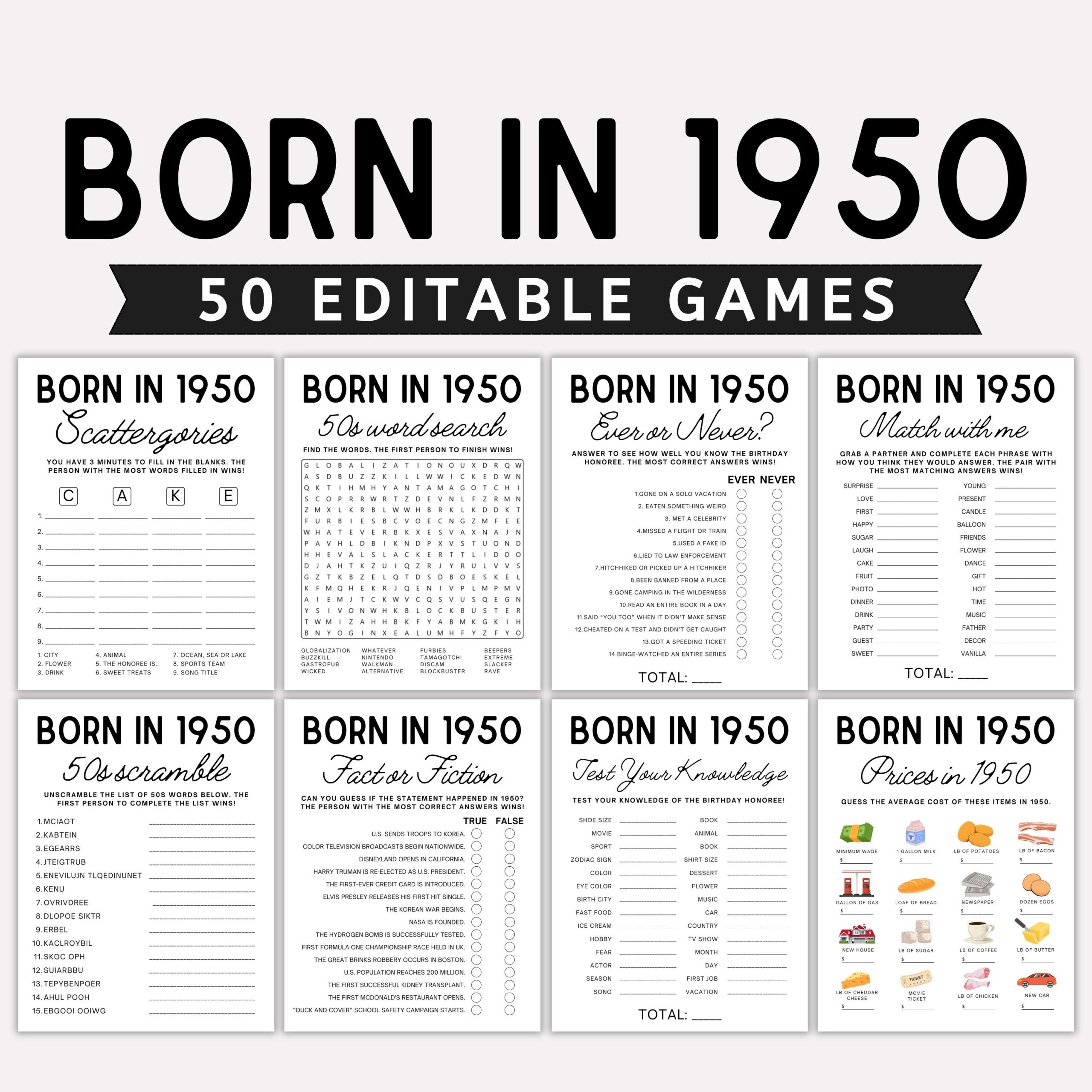 75th Birthday Party Games Bundle Born In 1950 1950 Birthday Games 75th Birthday Games Adult Party Games Etsy