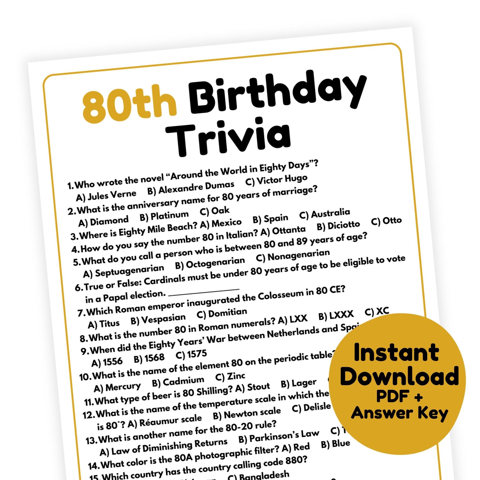80th Birthday Trivia Game 80th Birthday Game Printable 80th Birthday Party Game For Adults Eightieth Birthday Party Game Etsy