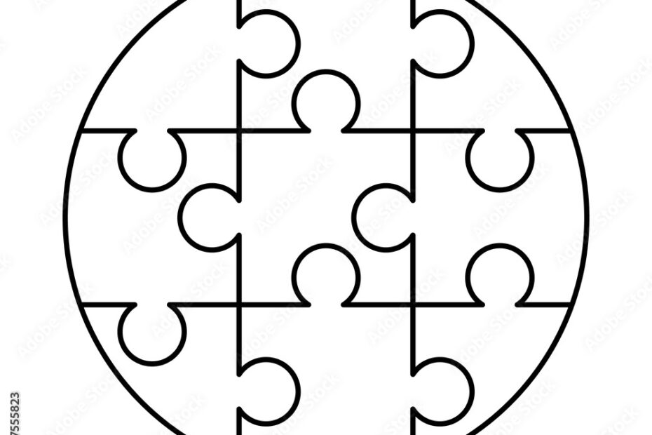 9 White Puzzles Pieces Arranged In A Round Shape Jigsaw Puzzle Template Ready For Print Cutting Guidelines On White Stock Vector Adobe Stock