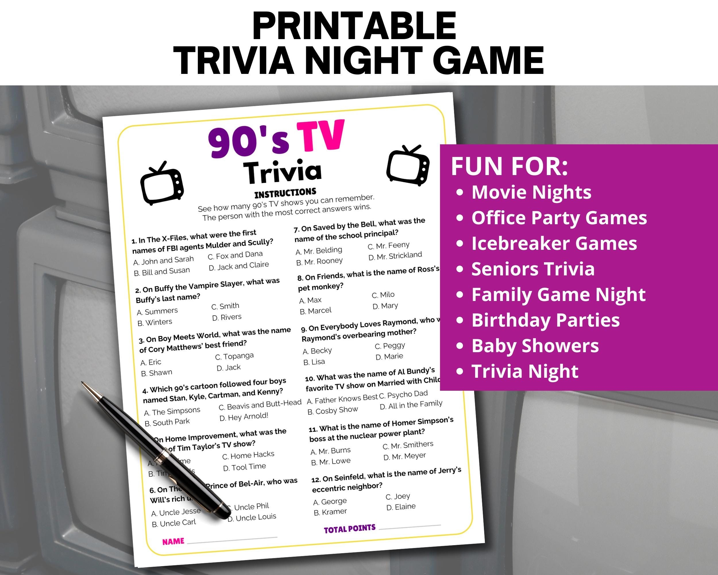 90 s Trivia Game Printable Decades Trivia 90s Nostalgia Pop Culture Quiz Games For Seniors Office Party Games Family Reunion Games Etsy