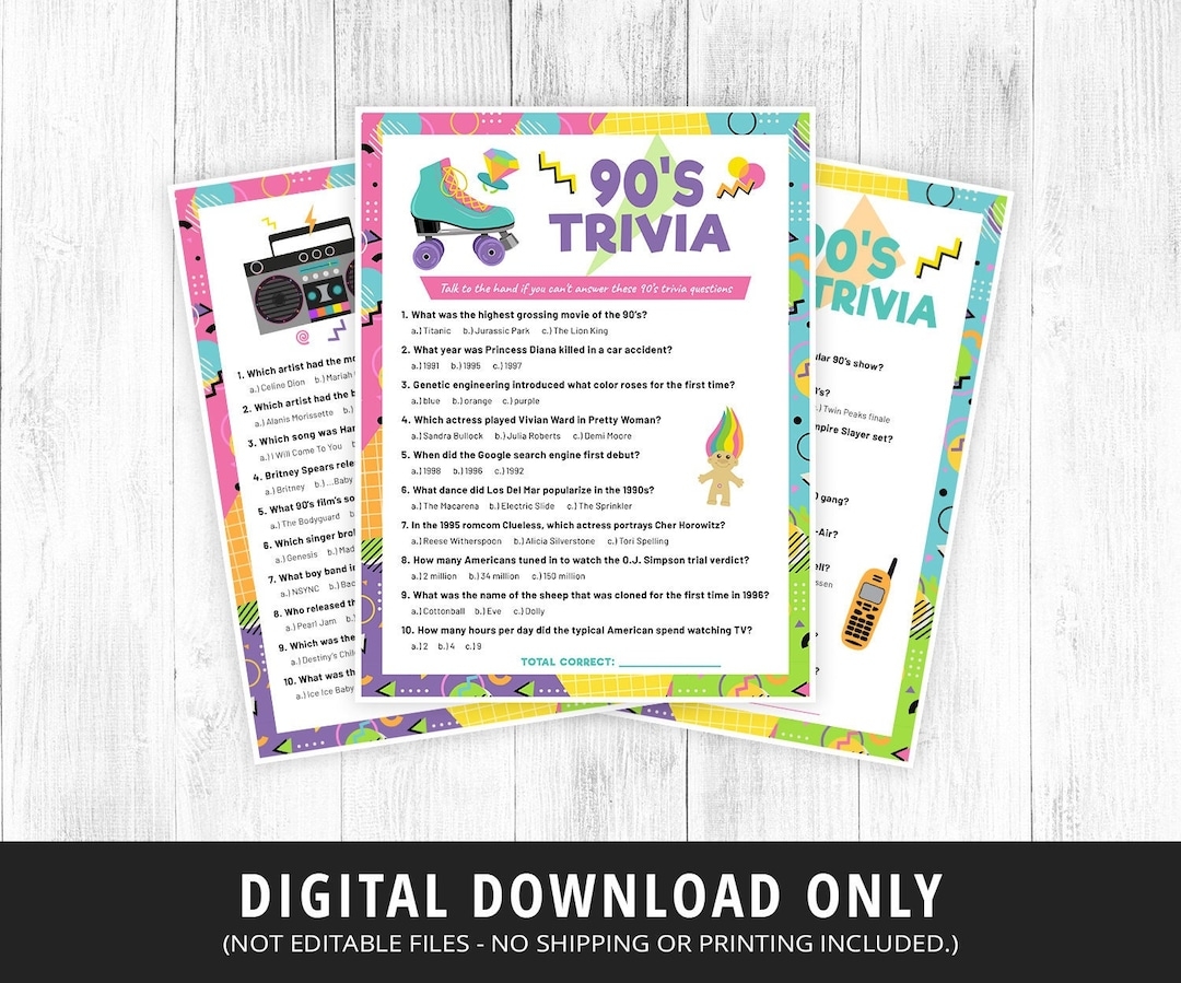 90s Trivia Games Printable 90s Trivia Game 90s TV Trivia 90s Music Trivia Quiz 90s Activities 90s Party Games Kids Adults DIGITAL Etsy
