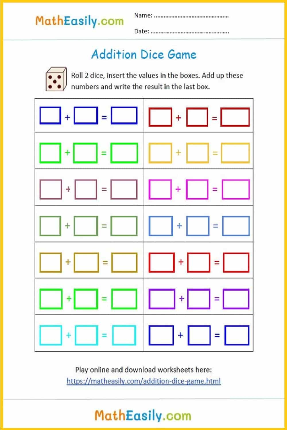 free printable additon games up to 10