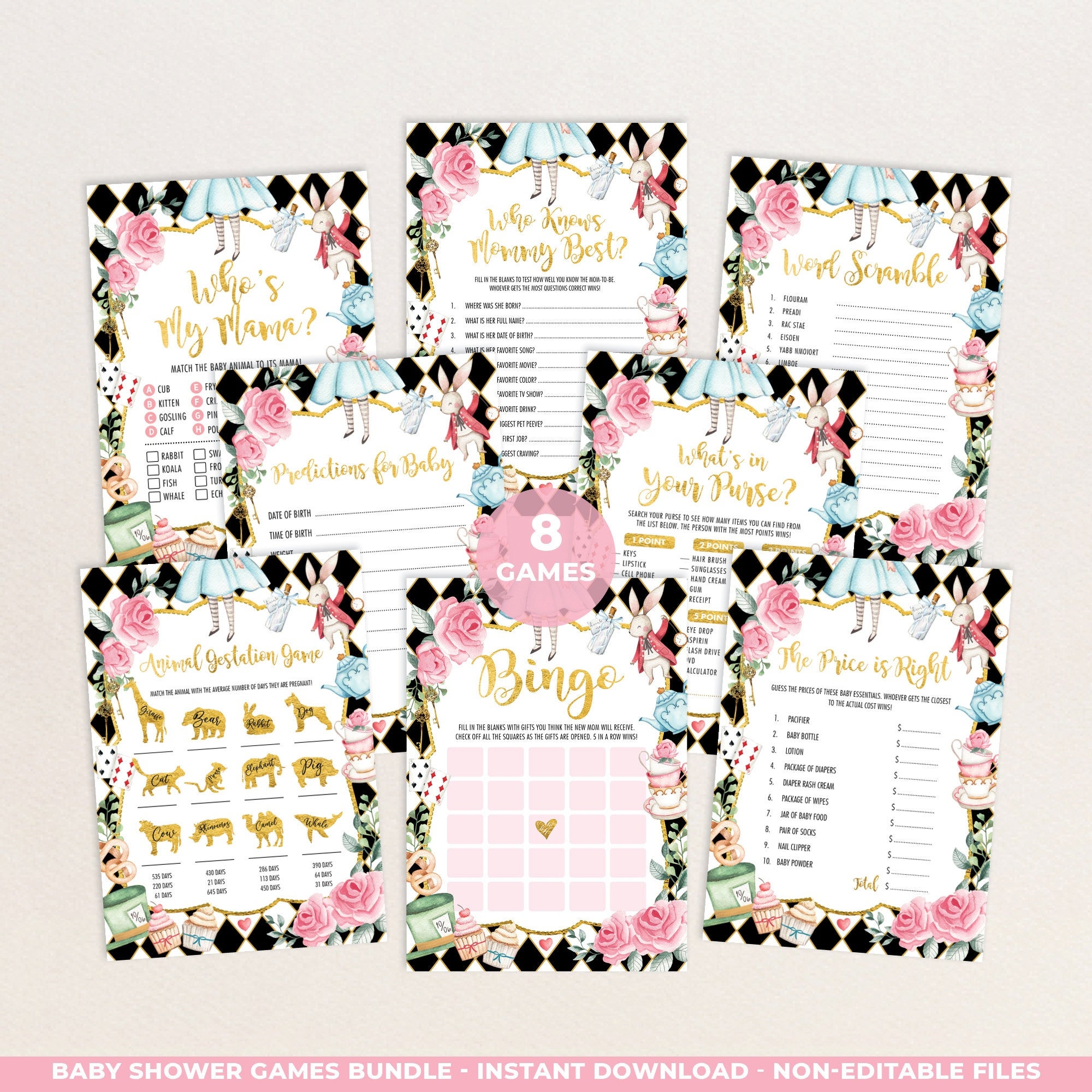 Alice In Wonderland Baby Shower Games Bundle 8x Mad Hatter Tea Party Printable Games Bundle Pink Floral Instant Digital Downloads AL1 Etsy