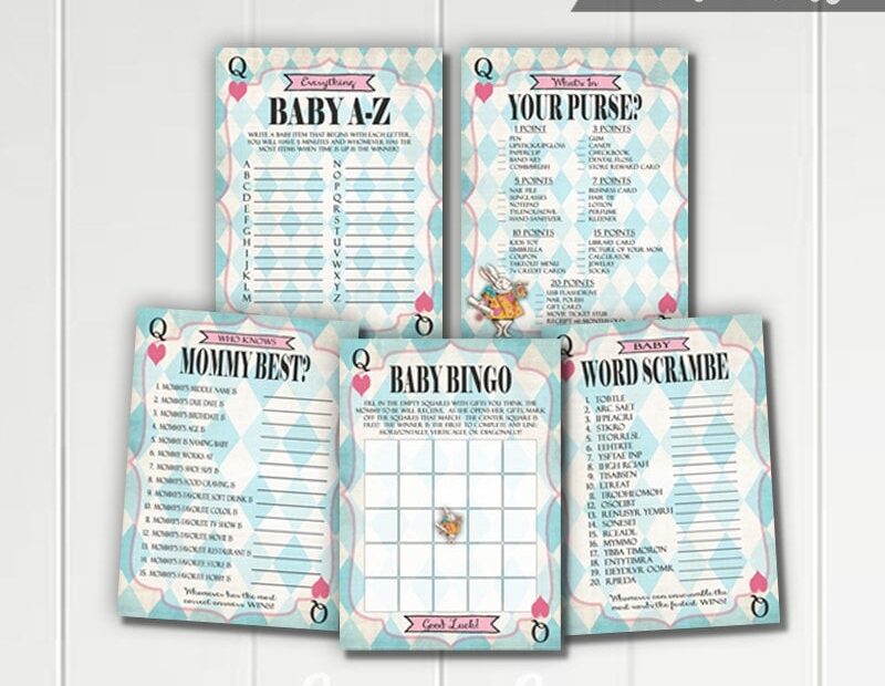 Alice In Wonderland Printable Baby Shower Games Bingo Word Scramble Who Knows Mommy Best What s In Your Purse Blue Mad Tea Party Etsy