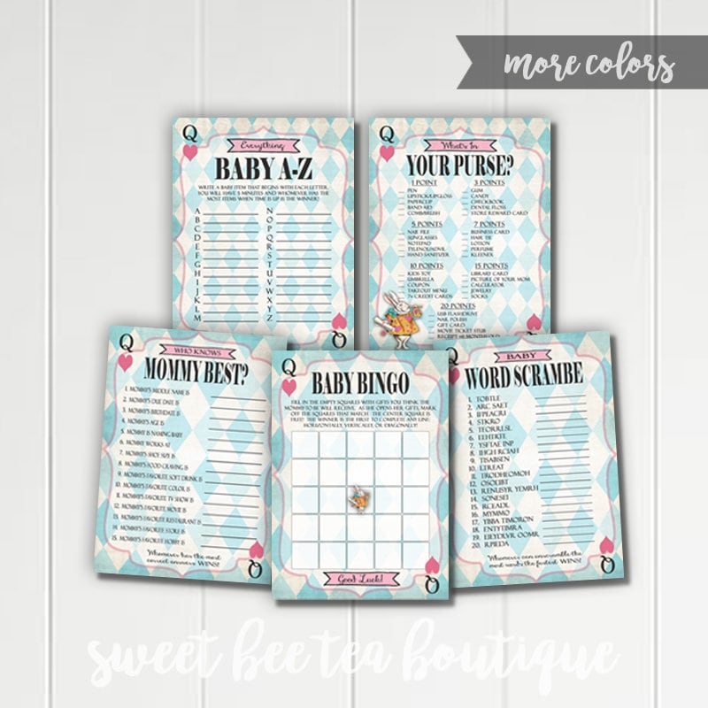 Alice In Wonderland Printable Baby Shower Games Bingo Word Scramble Who Knows Mommy Best What s In Your Purse Blue Mad Tea Party Etsy