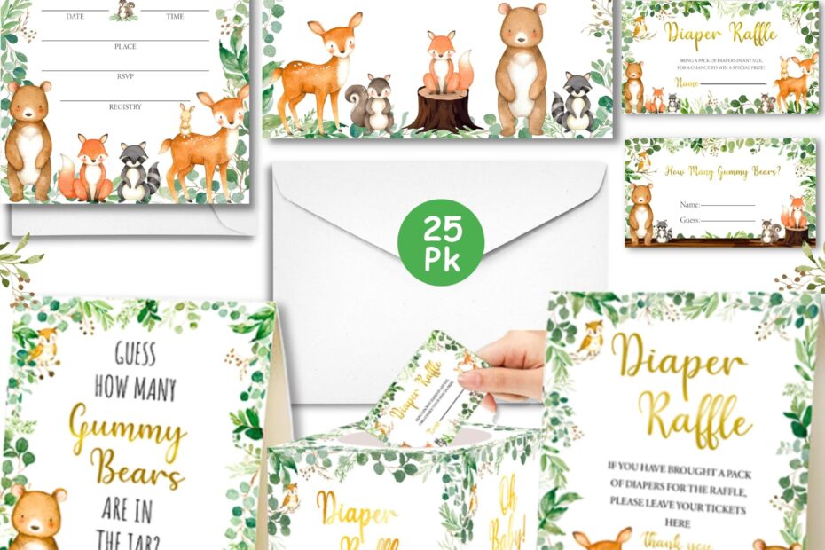 Amazon 153 Pc Woodland Baby Shower Invitations For Boy And Girl With Envelopes Baby Thank You Cards Book Request Cards Diaper Raffle Box With Ticket U0026 Sign Guess How Many Baby Shower