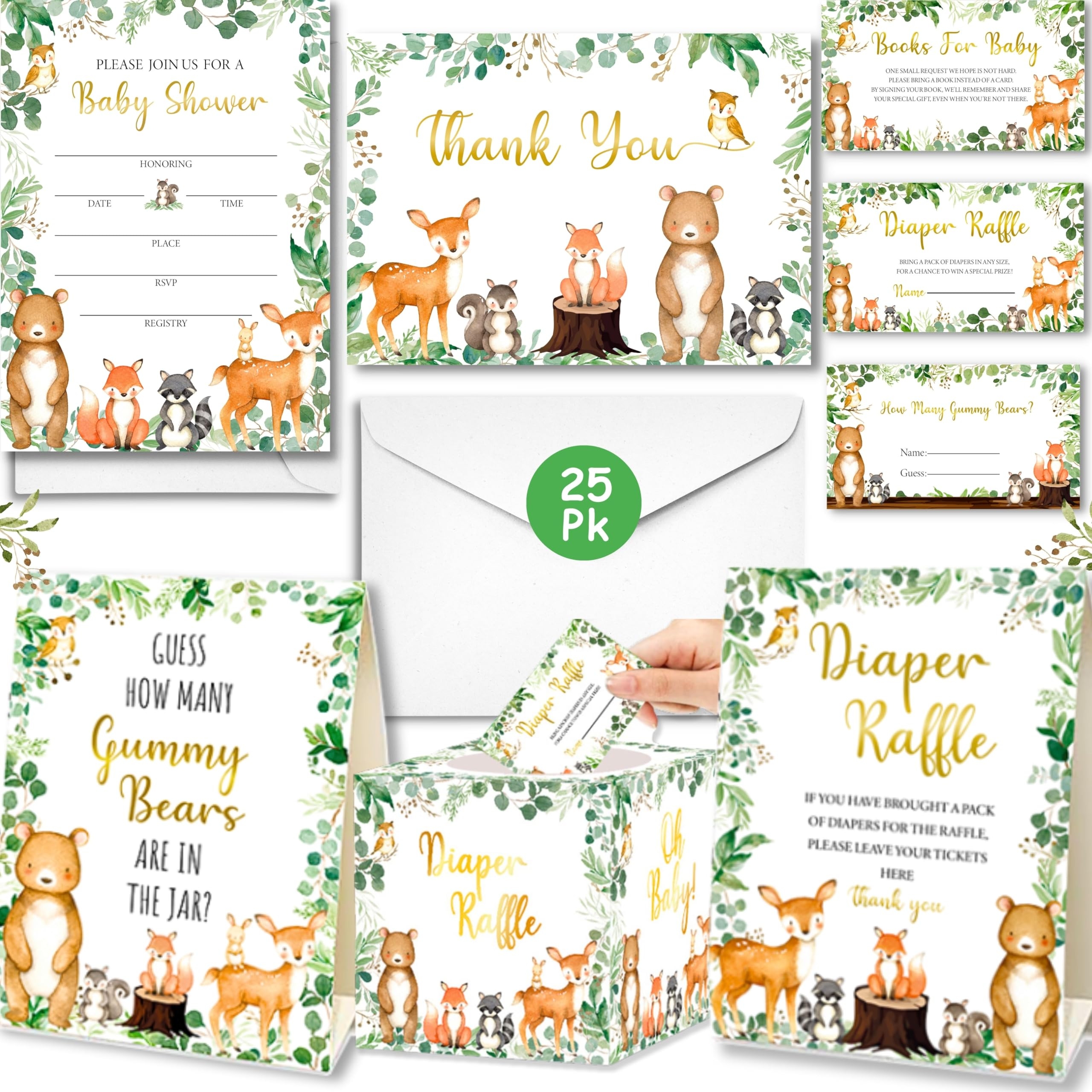 Amazon 153 Pc Woodland Baby Shower Invitations For Boy And Girl With Envelopes Baby Thank You Cards Book Request Cards Diaper Raffle Box With Ticket U0026 Sign Guess How Many Baby Shower