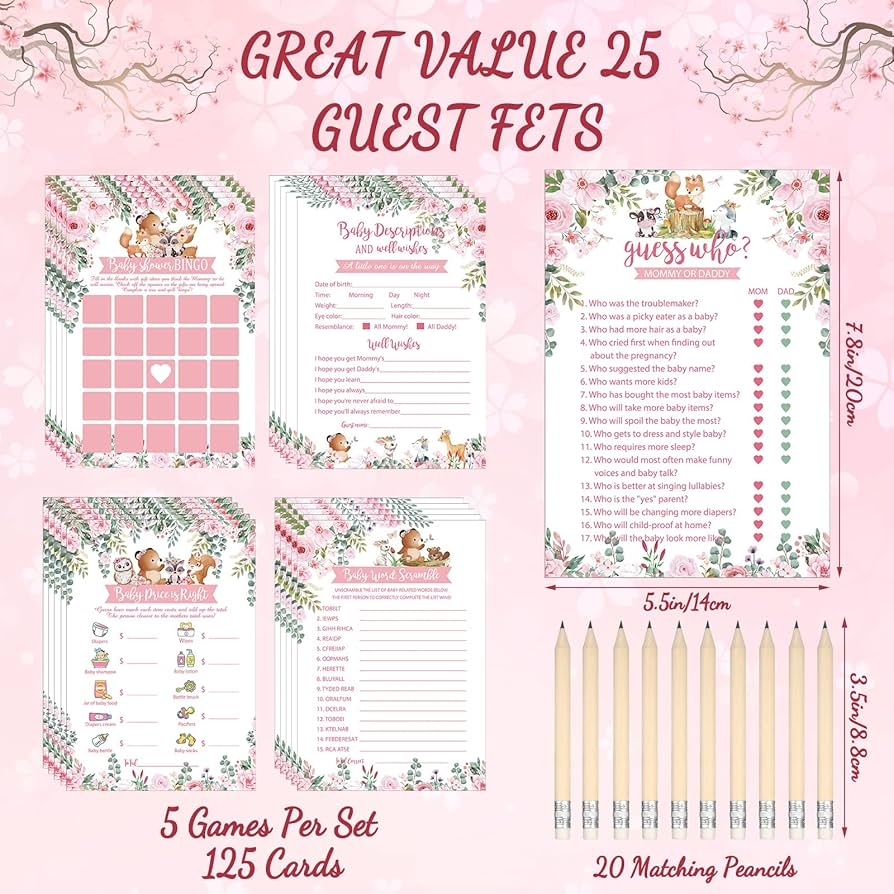 Amazon Leinuosen 145 Pieces Woodland Baby Shower Game Floral Forest Animals 5 Games Set Funny Activities With 20 Pencils For Kids Include Baby Descriptions And Wishes Guess Who Bingo Gift Home U0026 Kitchen