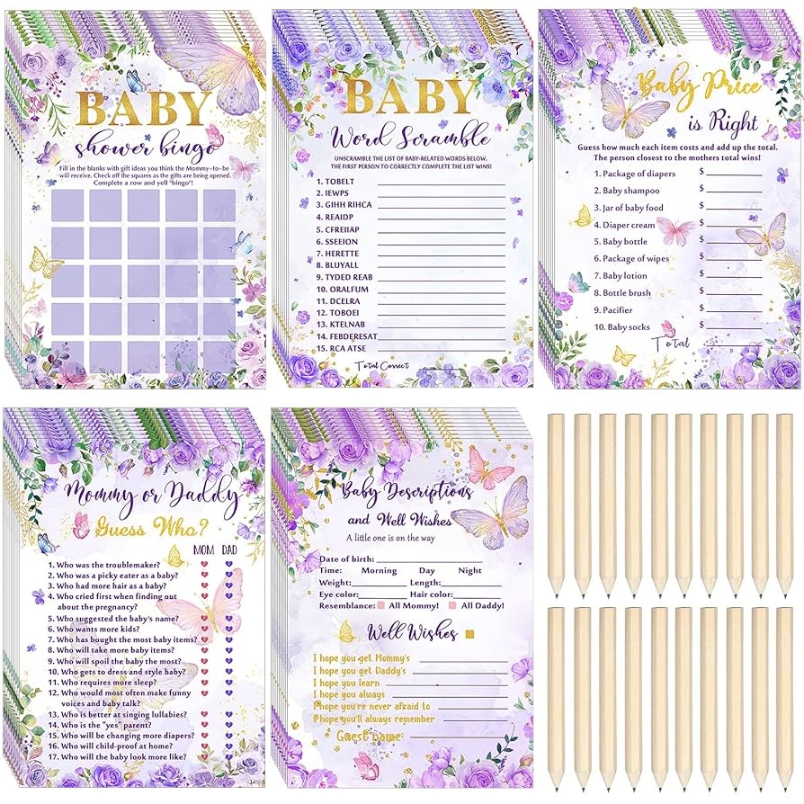 Amazon Nuanchu 145 Pcs Butterfly Theme Baby Shower Games 25 Sheets Each With 20 Pencils Baby Shower Bingo Guess Who Word Scramble Descriptions And Wishes Games For Party Decoration Home U0026 Kitchen