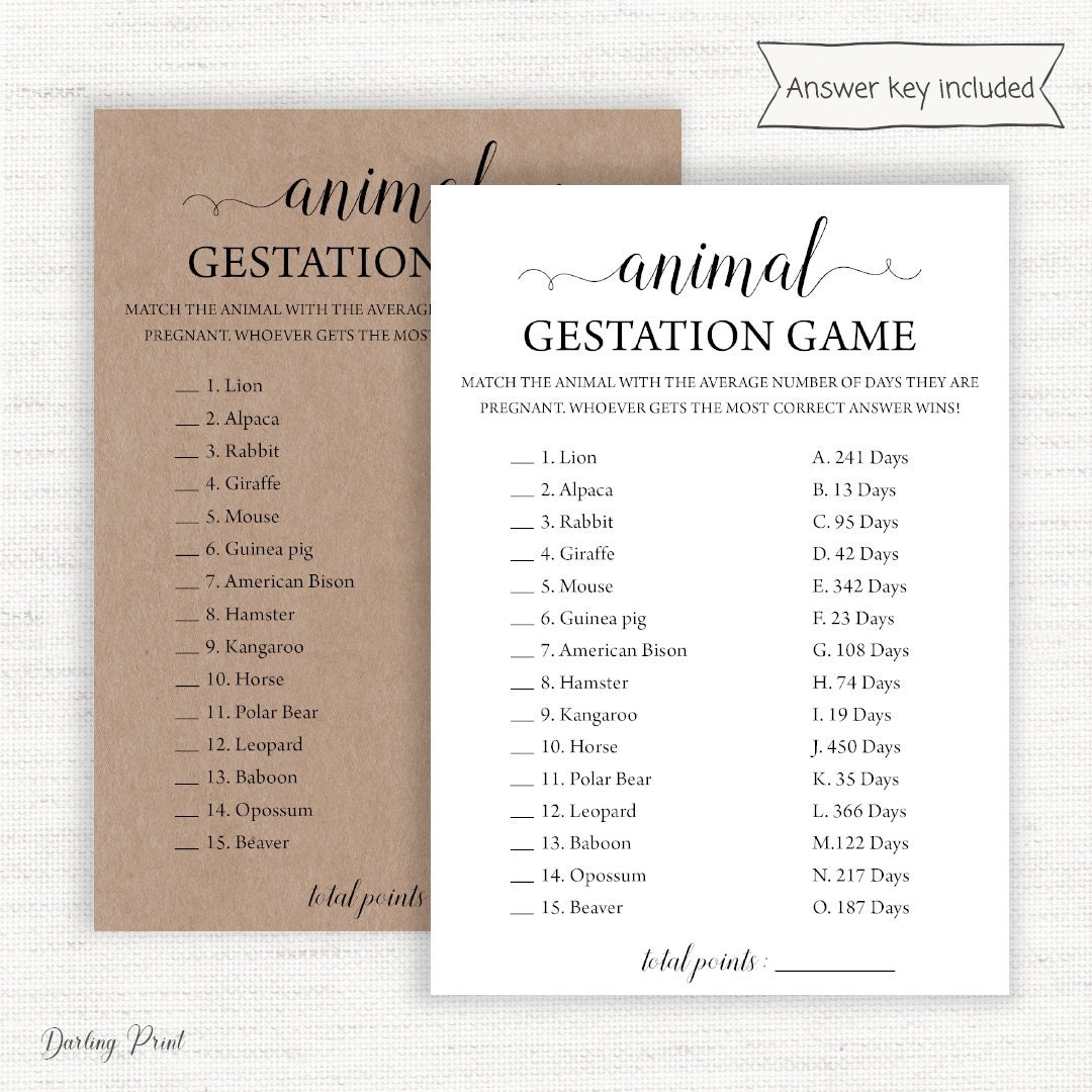 Animal Gestation Game Animal Pregnancy Game Baby Shower Quiz Baby Shower Activity Printable Pregnancy Guessing Game Instant Download Etsy